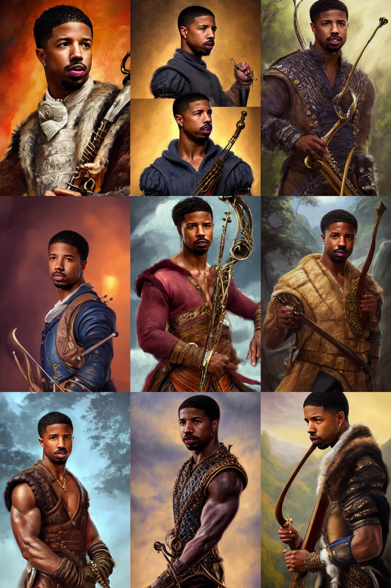 Image similar to a full body high detail fantasy portrait oil painting illustration of michael b. jordan as an elegant male bard by justin sweet with face and body clearly visible, in a scenic background, pupils visible, realistic proportions, d & d, rpg, forgotten realms, artstation trending, high quality, sombre mood, artstation trending, muted colours, entire person visible!