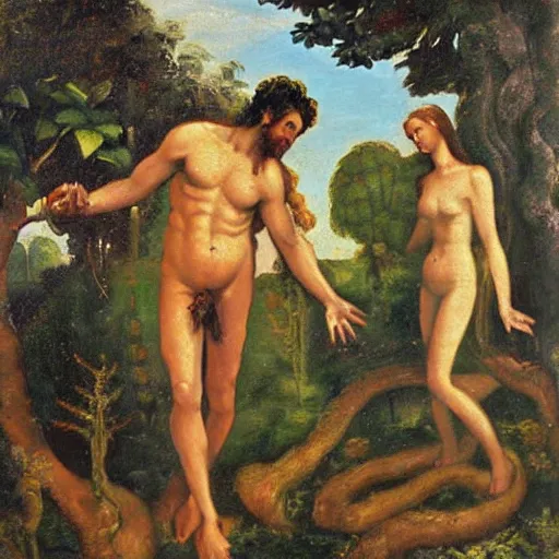 Prompt: adam and eve in the garden of eden, oil painting
