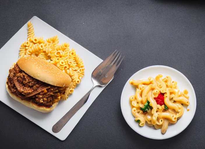 Image similar to dslr food photograph of hamburger over macaroni and cheese, 4 k award winning 8 5 mm f 1. 8