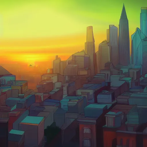 Prompt: sunrise over a city, digital art, inspired by glen keane