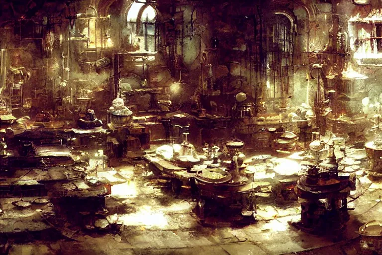 Prompt: the interior of an alchemist ’ s laboratory, concept art by craig mullins