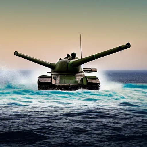 Image similar to a T-34 emerging from Ocean waves, hyperrealistic, Nature photography