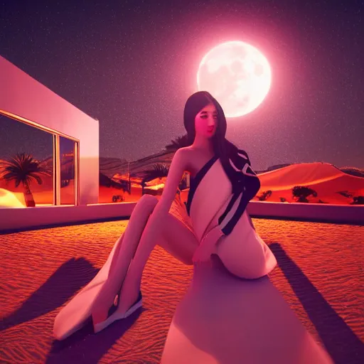 Image similar to innovative avant-garde art, deco fashion, asian women, neon lights, highly detailed, photorealistic portrait, serene night desert setting, moon light, crisp quality and light reflections, unreal engine 5 quality render