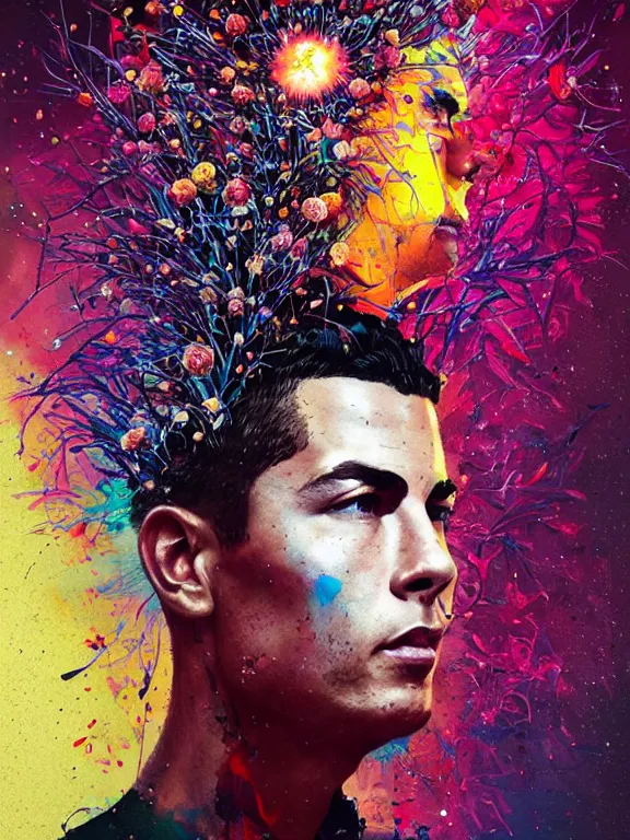 Image similar to art portrait of christiano ronaldo with blossoms exploding out of head,by tristan eaton,Stanley Artgermm,Tom Bagshaw,Greg Rutkowski,Carne Griffiths,trending on DeviantArt,face enhance,chillwave,minimalist,cybernetic, android, blade runner,full of color,