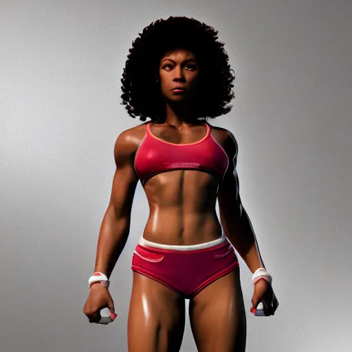 Prompt: 3 d render of a full female body, a mulatto woman with an afro, cruel hazel eyes, very fit body, wearing fitness gear, dead or alive 6, tekken 7, rumble roses, muscular legs, highly detailed, artstation, super realistic, unreal engine