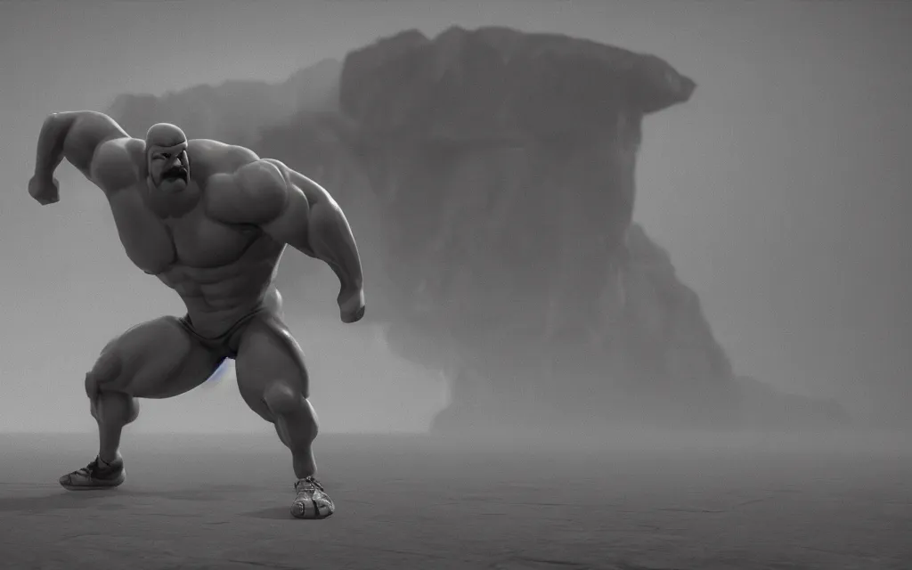 Image similar to muscle man from regular show, atmospheric, mist, epic, photorealistic, realistic, rule of thirds, extremely detailed, 4 k, 8 k, unreal engine 5 render, rim lighting, rtx, ray traced lighting, shot on 3 5 mm, film grain