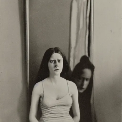 Prompt: photo portrait of a sad woman in front of her mirror taken by the photographer Clarence H. White