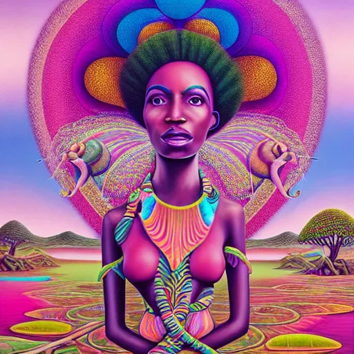 Image similar to a regal and elegant african queen with a colorful afro sitting in a cabana on top of an extremely large steampunk elephant near a pink lake with a large glowing baobab tree, by amanda sage and alex grey and evgeni gordiets in a surreal psychedelic style, oil on canvas 8k, hd