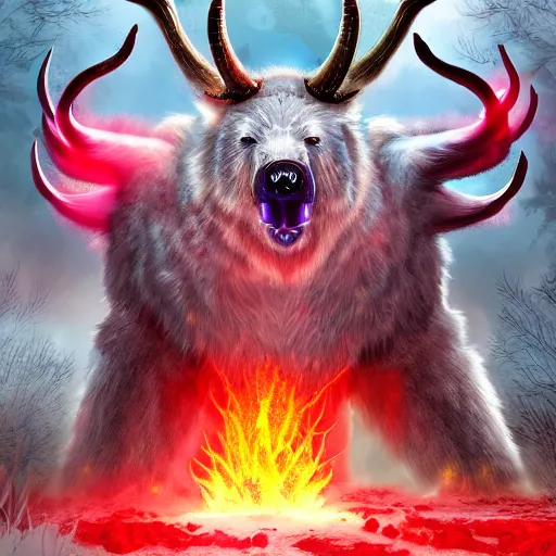 Image similar to epic frost bear, flaming horns, bright red eyes, insanity, long shot angle, despair, highly detailed digital art