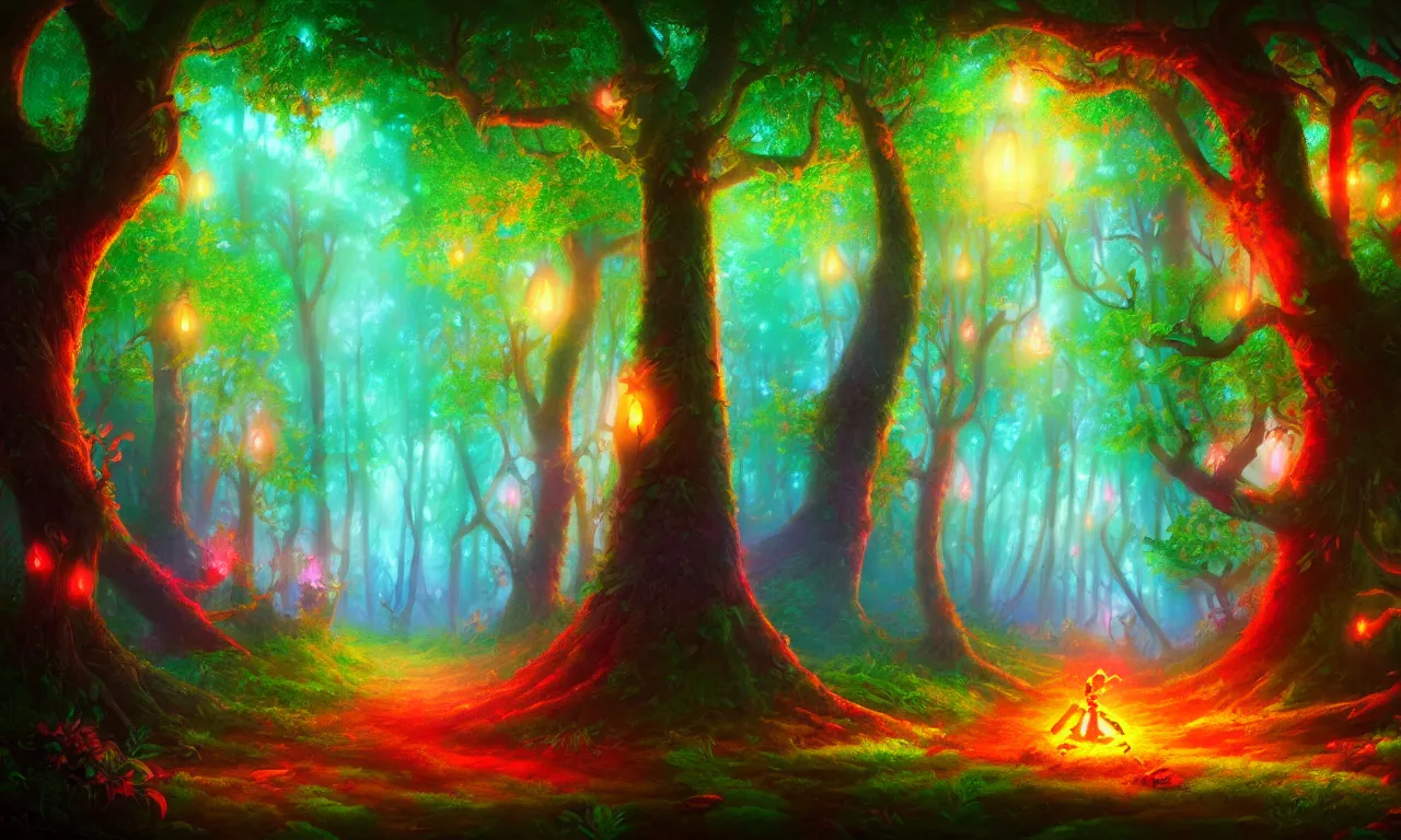 Image similar to enchanted magical forest on magical colorful fire , digital painting , digital art , artstation , devian art , 4k , HD