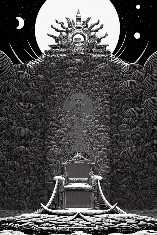 Image similar to infermal majesty's throne by nicolas delort, moebius, victo ngai, josan gonzalez, kilian eng