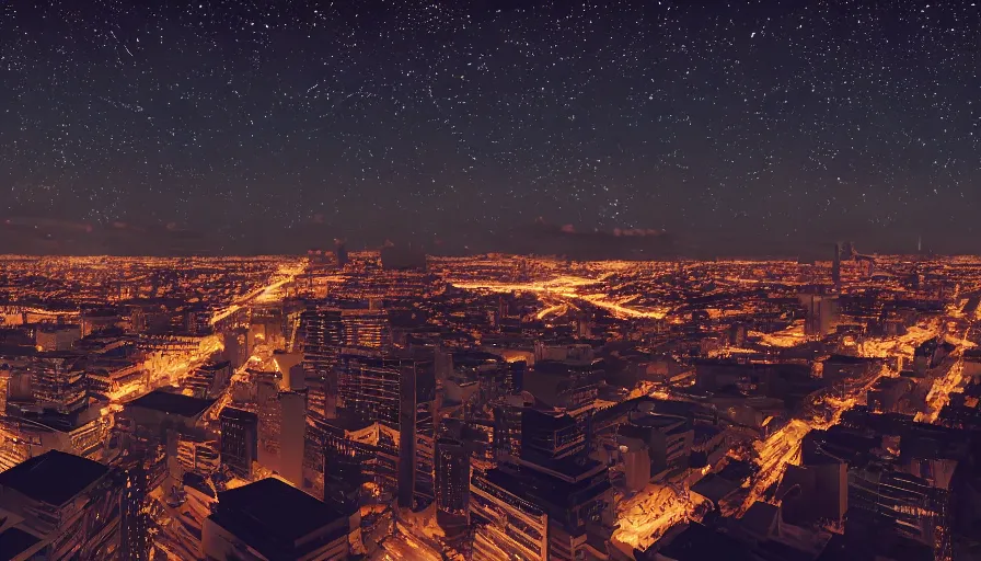 Prompt: view of a city from the top of a building at night, glowing stars, shooting star, dramatic lighting, 8k uhd, award winning, octane render, unreal engine