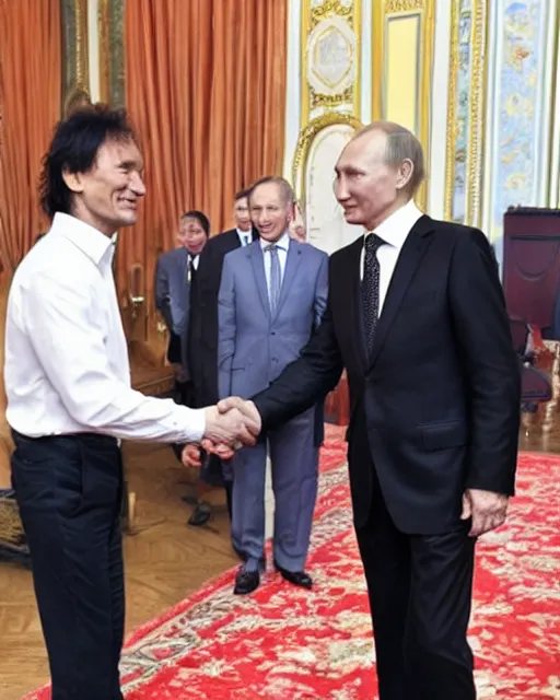 Prompt: sixty years old viktor tsoi with joyful look in a business suit shaking hands with vladimir putin, in kremlin, color photo, mid shot photo, digital photo, high resolution