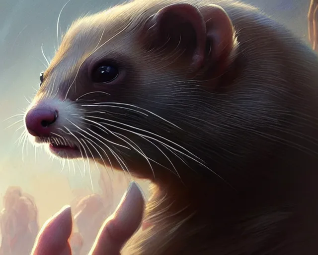 Prompt: close up of a ferret with scars and a face tattoo, deep focus, d & d, fantasy, intricate, elegant, highly detailed, digital painting, artstation, concept art, matte, sharp focus, illustration, hearthstone, art by artgerm and greg rutkowski and alphonse mucha