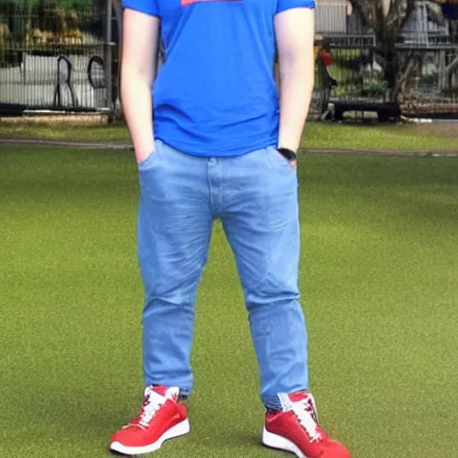 Image similar to a full body shot of an average white, short young - adult man with blue dyed hair holding a microphone, wearing a red backwards cap, white t - shirt with a red no symbol on it, blue long pants and red shoes