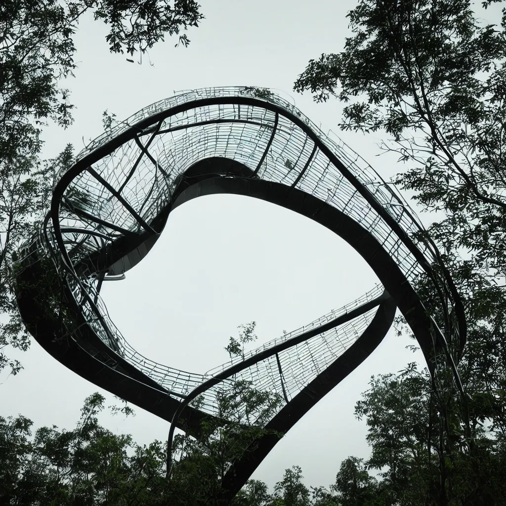 Image similar to hyper realistic, very high helix shaped observation tower made by metal in forest, wide angle shot, future design, extremely realistic, architecture design, parametric architecture, environment, sunset, foggy, cinematography, mega scans, cinematic, hyper realistic, photo real, cinematic composition, highly detailed,