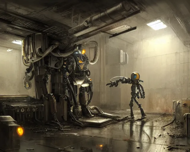 Image similar to robo in gloomy ruined server room in datacenter robot painting concept art of automata rusty steel robot knight colossus welder pacing mono eyed, sharp focus, emitting diodes, smoke, artillery, sparks, racks, motherboard, by pascal blanche rutkowski repin artstation hyperrealism detailed character design matte painting, 4 k resolution blade runner