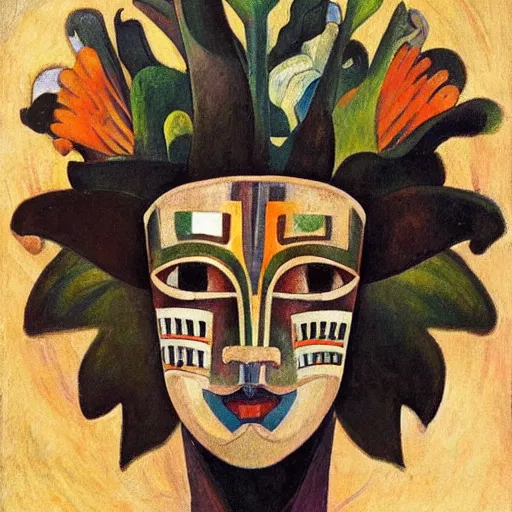 Prompt: head of a beautiful boy wearing a carnival mask made of stylized flowers, by diego rivera and john watkiss and annie swynnerton, art deco shaman, art brut, symbolist, dramatic cinematic lighting, god rays, iridescent beetles, clean crisp graphics, smooth sharp focus, extremely detailed