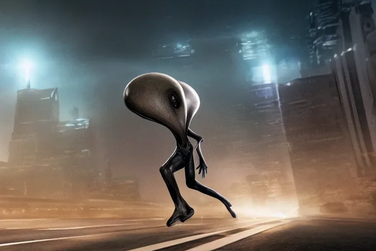 Image similar to an amazing award winning photo of an alien on the run in a unknown alien city, cinematic