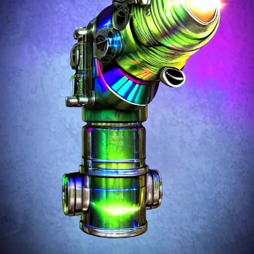 Prompt: unstable exotic matter powered raygun, well defined mechanical features, triadic chrome shading, iridescent liquid energy tank, dark background, softglow, vintage style