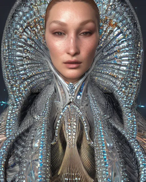 Image similar to a highly detailed metahuman 4 k close up render of a bella hadid in balenciaga monument renaissance in iris van herpen dress schiaparelli in diamonds crystals swarovski and jewelry iridescent in style of alphonse mucha gustav klimt trending on artstation made in unreal engine 4