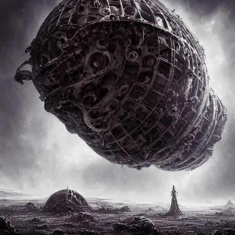 Prompt: ribbed abandoned biomechanical organic crashed spaceship on exoplanet in a desolate empty wasteland, covered with organic white flesh, white meat, creepy, nightmare, dream-like heavy atmosphere, surreal abandoned buildings, baroque painting, beautiful detailed intricate insanely detailed octane render trending on Artstation, 8K artistic photography, photorealistic, chiaroscuro, cinematic volumetric light, Raphael, Caravaggio, Beksinski, Giger