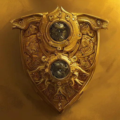 Prompt: mechanical gold shield, intricate, elegant, highly detailed, lifelike, digital painting, artstation, illustration, smooth, sharp focus, art by scott davidson, albert aublet, krenz cushart, artem demura, mucha