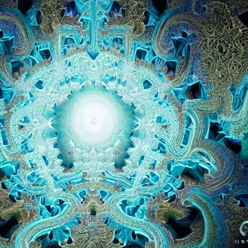 Image similar to a beautiful 3 d painting of a sprawling intricate fractal populated by mandelbrot fractals by android jones, unreal engine, soap carving, volumetric lighting, dynamic lighting, dramatic lighting, high contrast, concept art, carved marble, opalescent, sacred geometry, religious, angelic, magic realism, catholicpunk, stark, trending on artstation