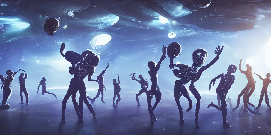 Image similar to aliens dancing after a victory over a planet inside their spaceship, cheerful colors, blue - white, unreal 5, hyperrealistic, realistic, photorealistic, dynamic lighting, highly detailed, cinematic landscape, studio landscape, studio lighting, 1 0 0 mm