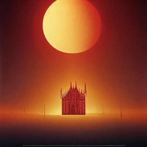 Prompt: Satanic church on a desert, red moon, by Dariusz Zawadzki and zdzisaw beksinski, imax film quality, trending on Artstation