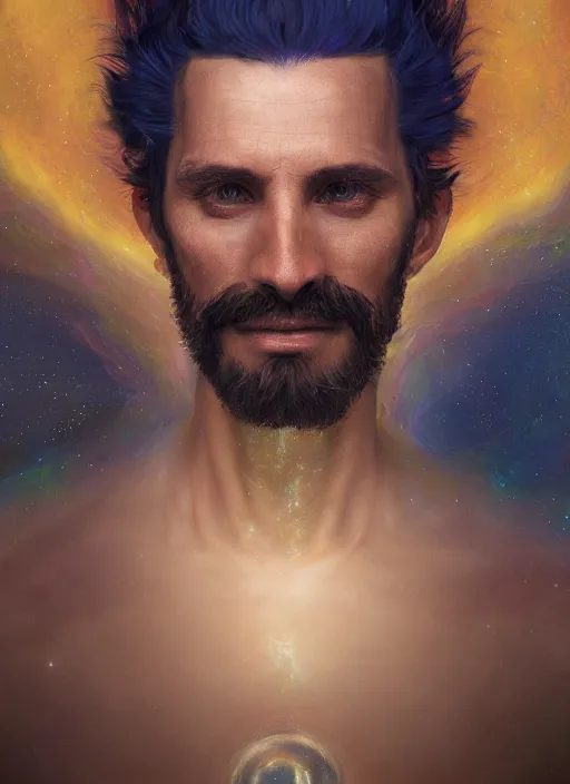 Image similar to masterpiece portrait of a cosmic man, au naturel, hyper detailed, digital art, trending in artstation, cinematic lighting, studio quality, smooth render, unreal engine 5 rendered, octane rendered, art style by klimt and nixeu and ian sprigger and wlop and krenz cushart and riot and overwatch