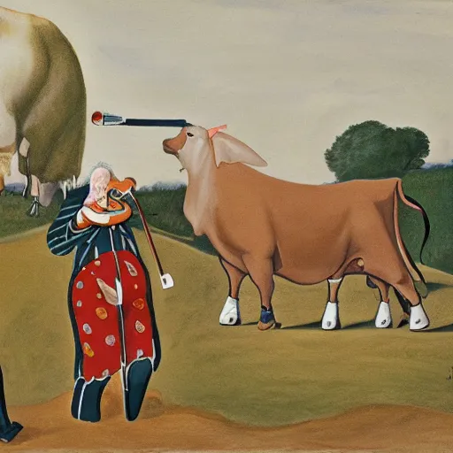 Image similar to painting of a big cow with a long curved neck playing violin in a medivial styled field with three peasants spitting on it's face