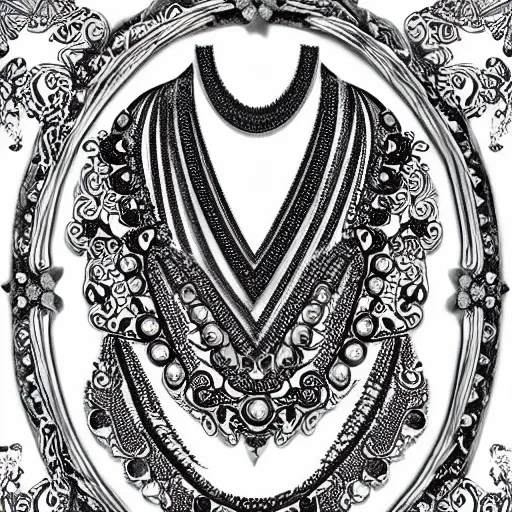 Image similar to black and white sketch opulent necklace feminine opulent detailed ornate tribal neckline illustration on paper