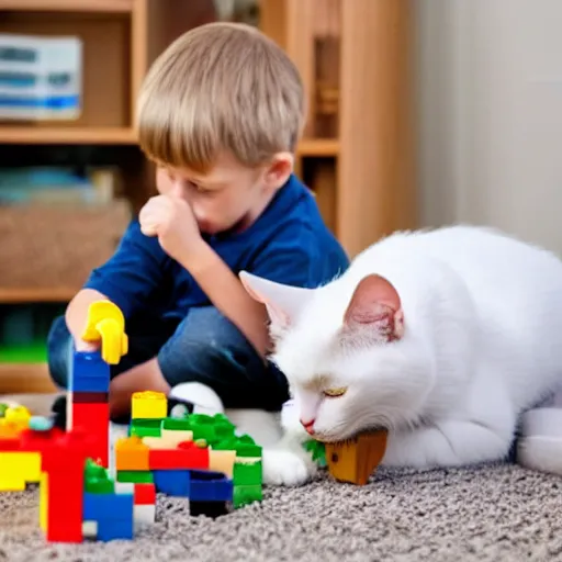 Image similar to a cat and a kid playing with Lego