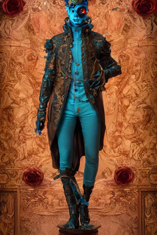 Image similar to a young handsome Spanish prince in a full-body bronze cyberpunk style statue of an android with glowing blue eyes, crown of peach roses, flowing teal-colored silk, fabric, flowers. baroque elements, human skull. full-length view. baroque element. intricate artwork by caravaggio. many many birds birds on background. Trending on artstation, octane render, cinematic lighting from the right, hyper realism, octane render, 8k, depth of field, 3D