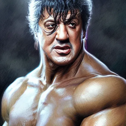 Image similar to close up cringy sylvester stallone as a dhampir, elegant, highly detailed, centered, digital painting, artstation, concept art, smooth, sharp focus, illustration, artgerm, tomasz alen kopera, peter mohrbacher, donato giancola, joseph christian leyendecker, wlop, frank frazetta