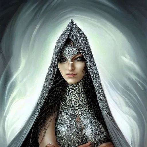 Image similar to a beautiful woman wearing a white niqab made of silver with jewelry and diamonds by alex gray and android jones, karol bak, ayami kojima, arabian, concept art, fantasy