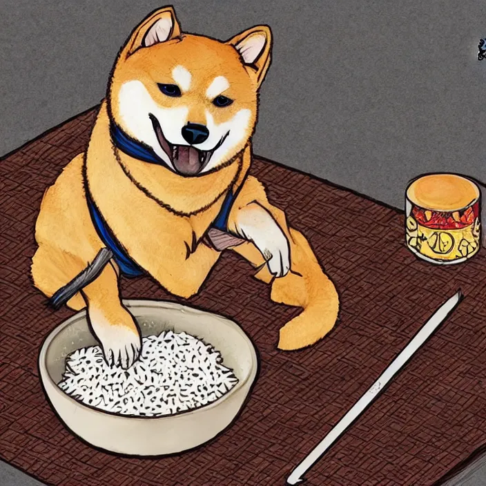 Prompt: a shiba-inu-samurai eating a bowl of rice, d&d concept art, incredible colors, heckin cool pupper