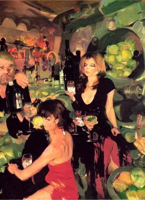 Image similar to glam rockers drinking brutal and raw wine, inside a green cave with red lights by joaquin sorolla, phil hale, extremely detailed