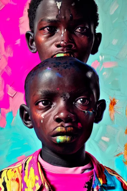 Image similar to portrait of a african young boy nor living in a death postapoliptic world, painted in acrylic, pigment, in the colors hot pink and cyan, beautiful realistic face, rule of thirds, soldier outfit, spotlight, by greg rutkowski, by jeremy mann, by francoise nielly, by van gogh, digital painting