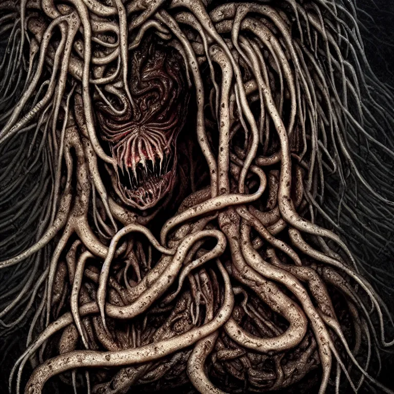 Image similar to ribbed alien face portrait, covered with tentacles, spines, roots and organic rotten flesh meat, baroque painting, standing in a desolate empty wasteland, creepy, nightmare, dream-like heavy atmosphere, surreal abandoned buildings, beautiful detailed intricate insanely detailed octane render trending on Artstation, 8K artistic photography, photorealistic, chiaroscuro, Raphael, Caravaggio, Beksinski, Giger