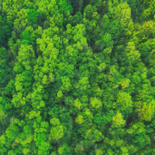 Image similar to a view from the sky of a thick forest with varying tree types, green, painted, high resolution