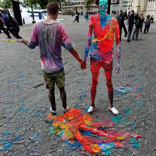 Prompt: a street art of thread knot connecting brother and sister by artur bordalo