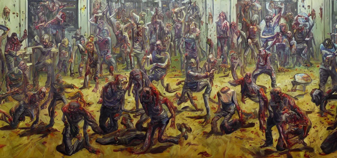 Prompt: Zombies in an art school learning how to paint