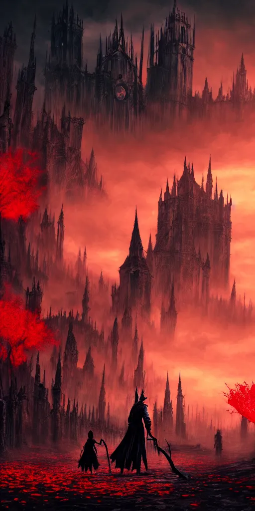 Image similar to populated bloodborne old valley with a obscure person at the centre and a ruined gothic city in the background, trees and stars in the background, falling red petals, epic red - orange moonlight, perfect lightning, wallpaper illustration by niko delort and kentaro miura, 4 k, ultra realistic