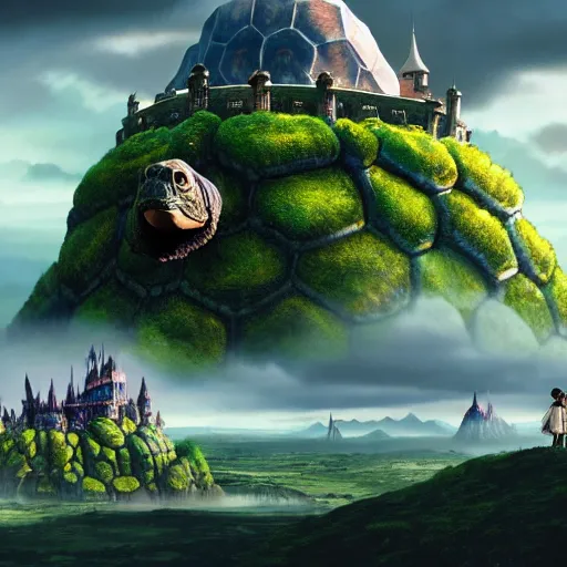 Image similar to giant tortoise walking with a large fantasy castle rising growing from the top of it, distant shot birds eye view, fantasy, hyper detailed, 4 k, howls moving castle, mortal engines,