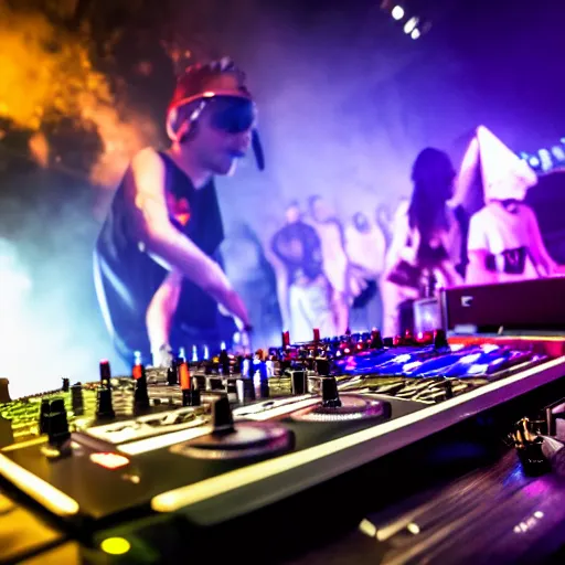 Prompt: photograph of a dubstep dj djing during an medieval party, 8 k resolution, high detail