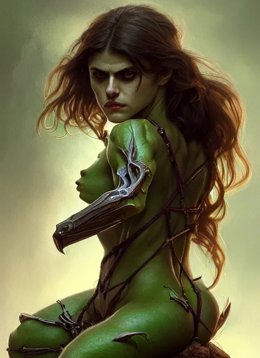 Prompt: portrait of alexandra daddario as a goblin, d & d, muscular! green, fantasy, intricate, elegant, highly detailed, digital painting, artstation, concept art, smooth, sharp focus, illustration, art by artgerm and greg rutkowski and alphonse mucha