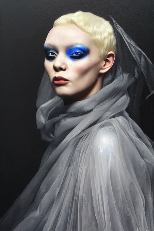 Image similar to hyperrealism oil painting, close - up portrait of albino medieval fashion model, black silk, steel gradient mixed with nebula sky, in style of baroque