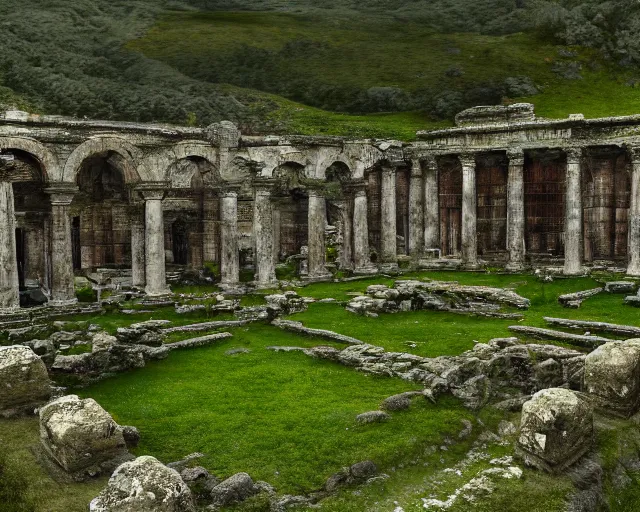 Prompt: Old ancient Roman ruins, mossy, detailed, 8k, matte painting, landscape